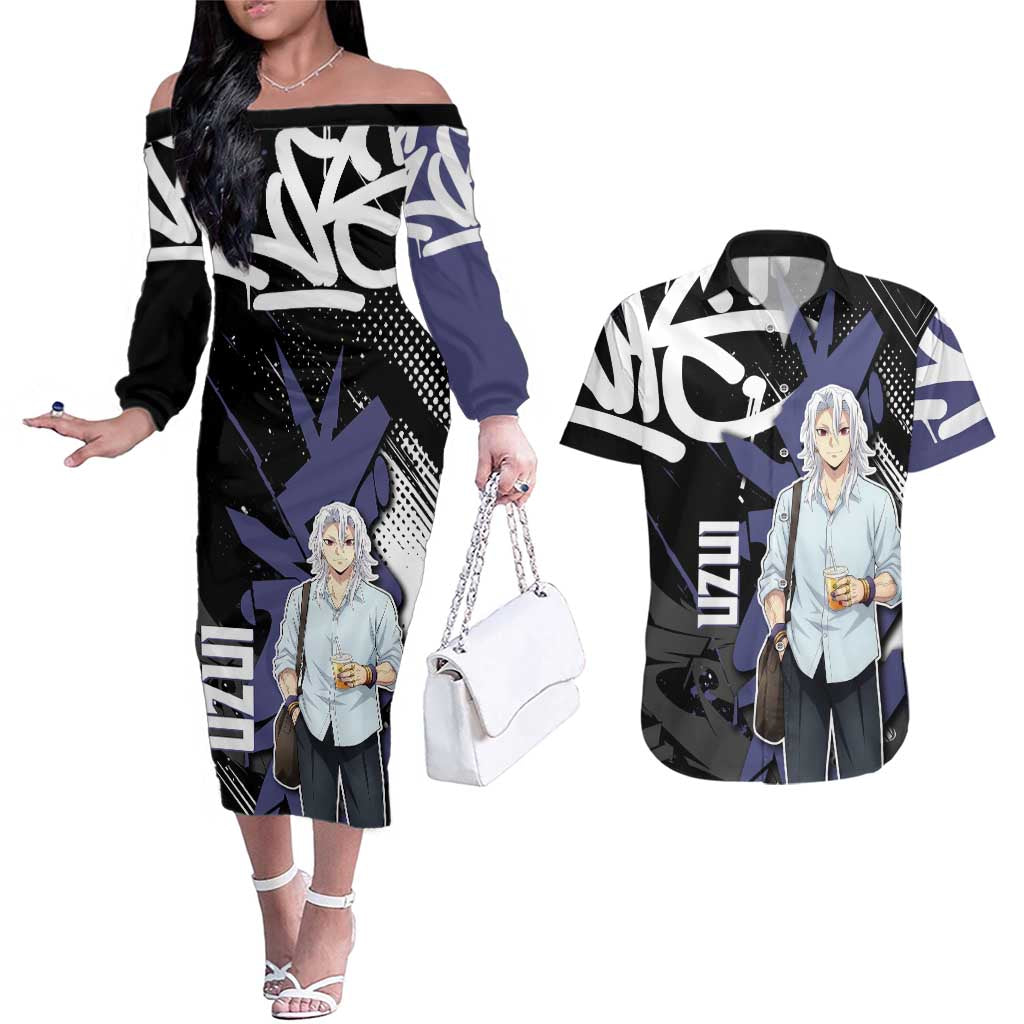 Uzui Tengen Demon Slayer Couples Matching Off The Shoulder Long Sleeve Dress and Hawaiian Shirt Purple & Black Graffiti Anime