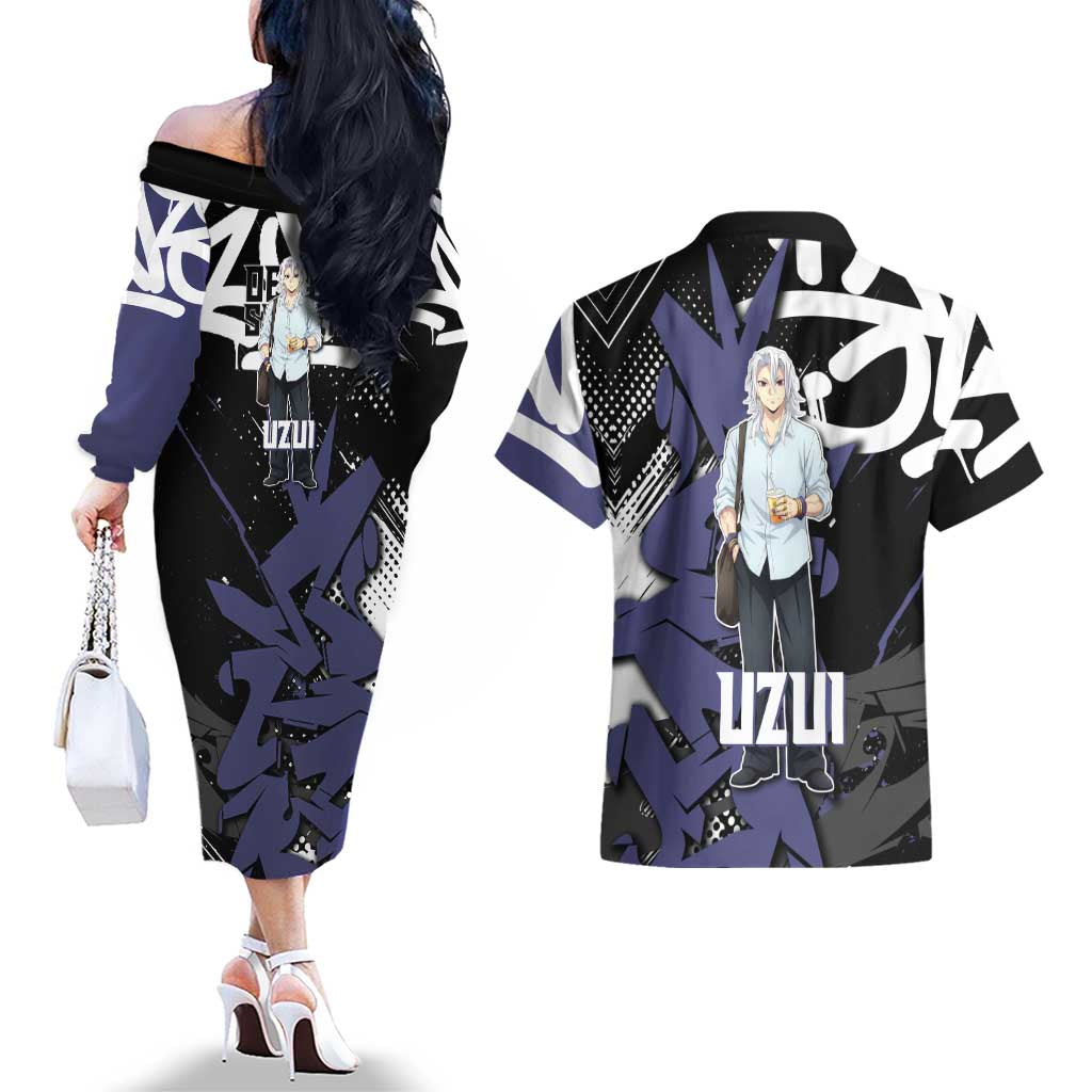 Uzui Tengen Demon Slayer Couples Matching Off The Shoulder Long Sleeve Dress and Hawaiian Shirt Purple & Black Graffiti Anime