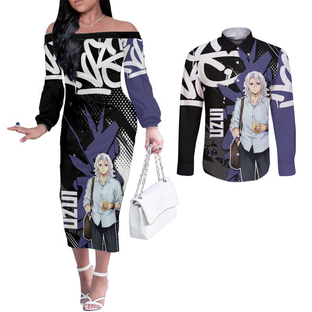 Uzui Tengen Demon Slayer Couples Matching Off The Shoulder Long Sleeve Dress and Long Sleeve Button Shirt Purple & Black Graffiti Anime