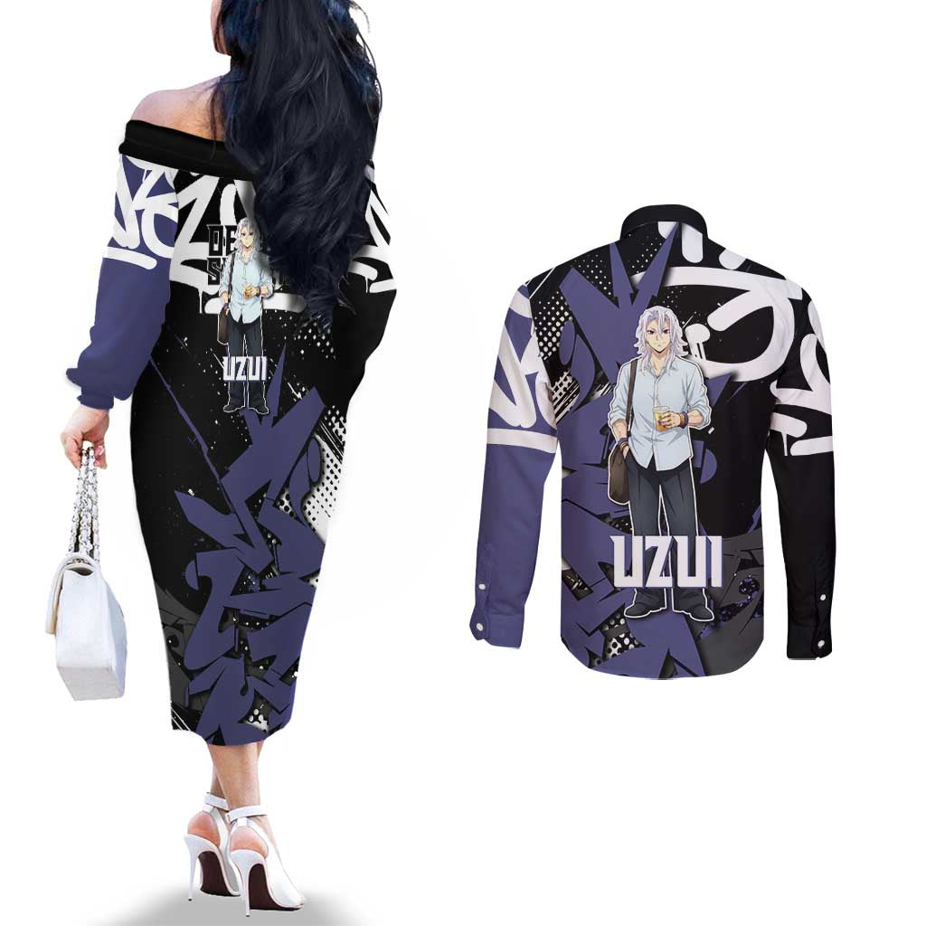 Uzui Tengen Demon Slayer Couples Matching Off The Shoulder Long Sleeve Dress and Long Sleeve Button Shirt Purple & Black Graffiti Anime