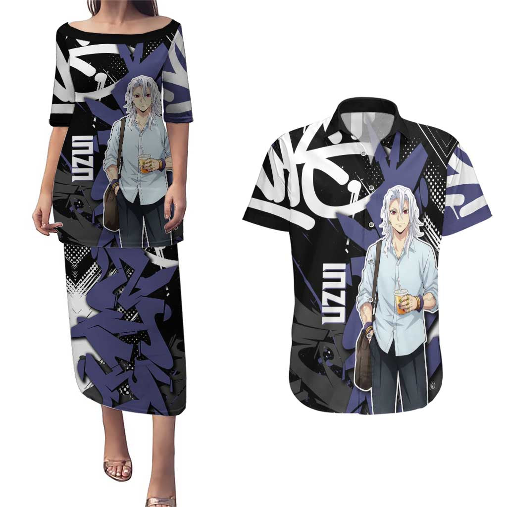 Uzui Tengen Demon Slayer Couples Matching Puletasi and Hawaiian Shirt Purple & Black Graffiti Anime