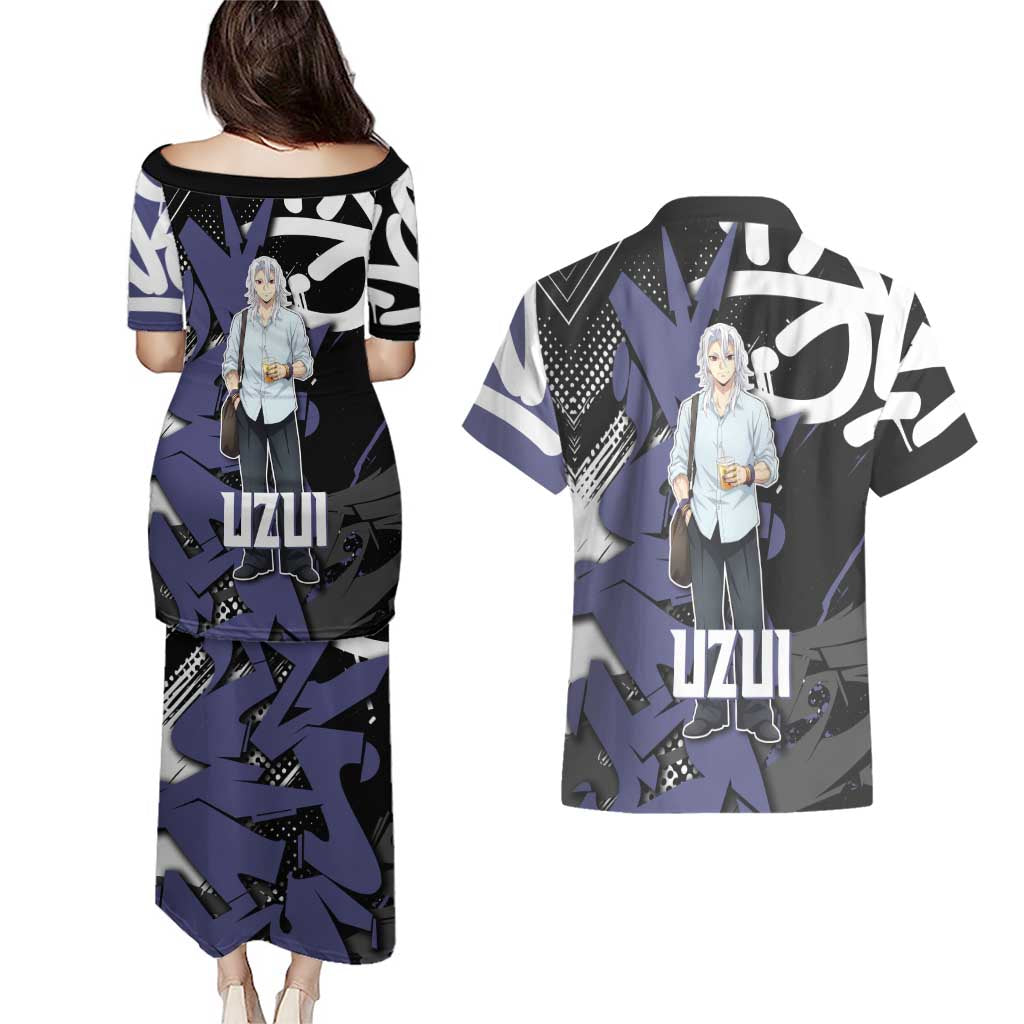 Uzui Tengen Demon Slayer Couples Matching Puletasi and Hawaiian Shirt Purple & Black Graffiti Anime