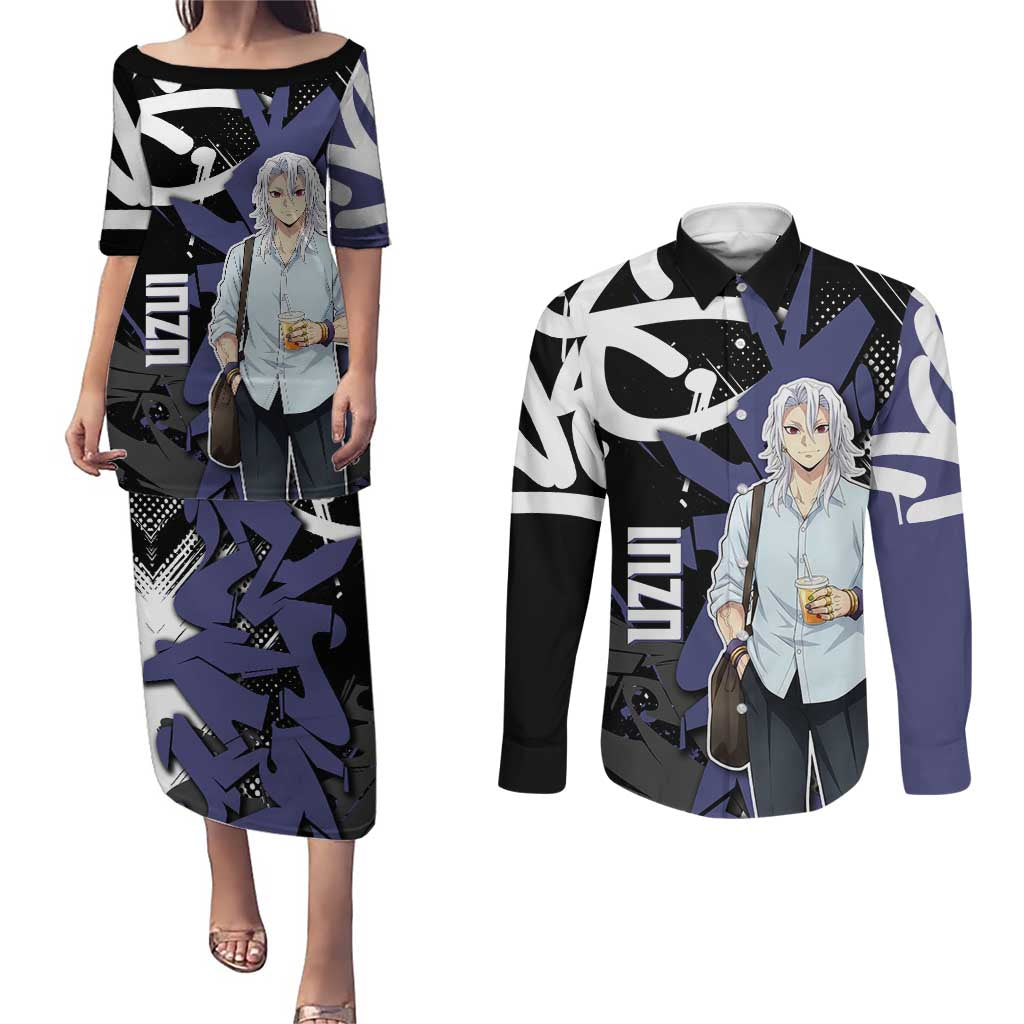Uzui Tengen Demon Slayer Couples Matching Puletasi and Long Sleeve Button Shirt Purple & Black Graffiti Anime
