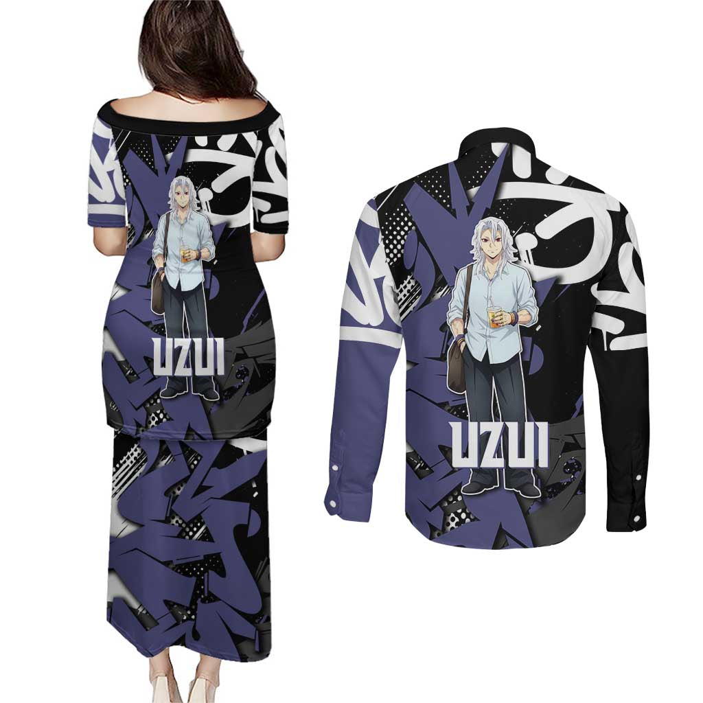 Uzui Tengen Demon Slayer Couples Matching Puletasi and Long Sleeve Button Shirt Purple & Black Graffiti Anime