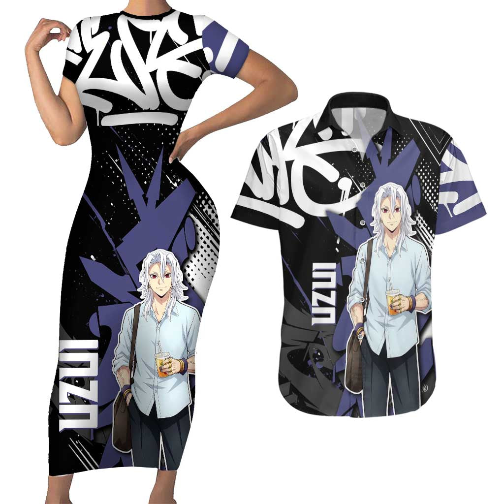 Uzui Tengen Demon Slayer Couples Matching Short Sleeve Bodycon Dress and Hawaiian Shirt Purple & Black Graffiti Anime