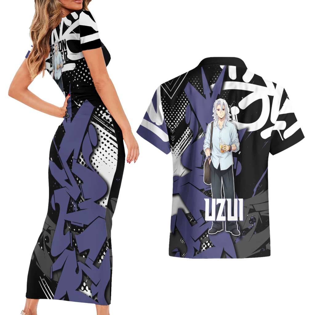 Uzui Tengen Demon Slayer Couples Matching Short Sleeve Bodycon Dress and Hawaiian Shirt Purple & Black Graffiti Anime