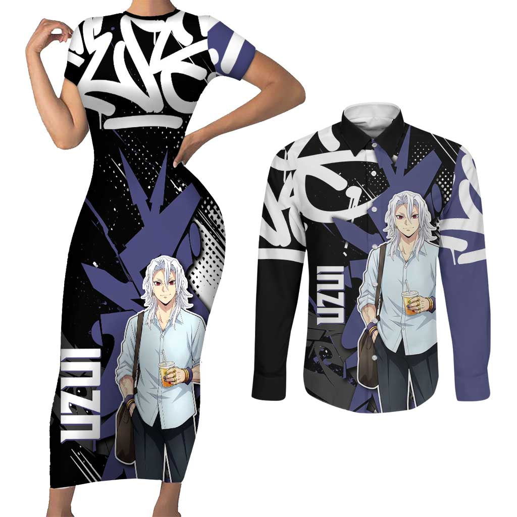 Uzui Tengen Demon Slayer Couples Matching Short Sleeve Bodycon Dress and Long Sleeve Button Shirt Purple & Black Graffiti Anime