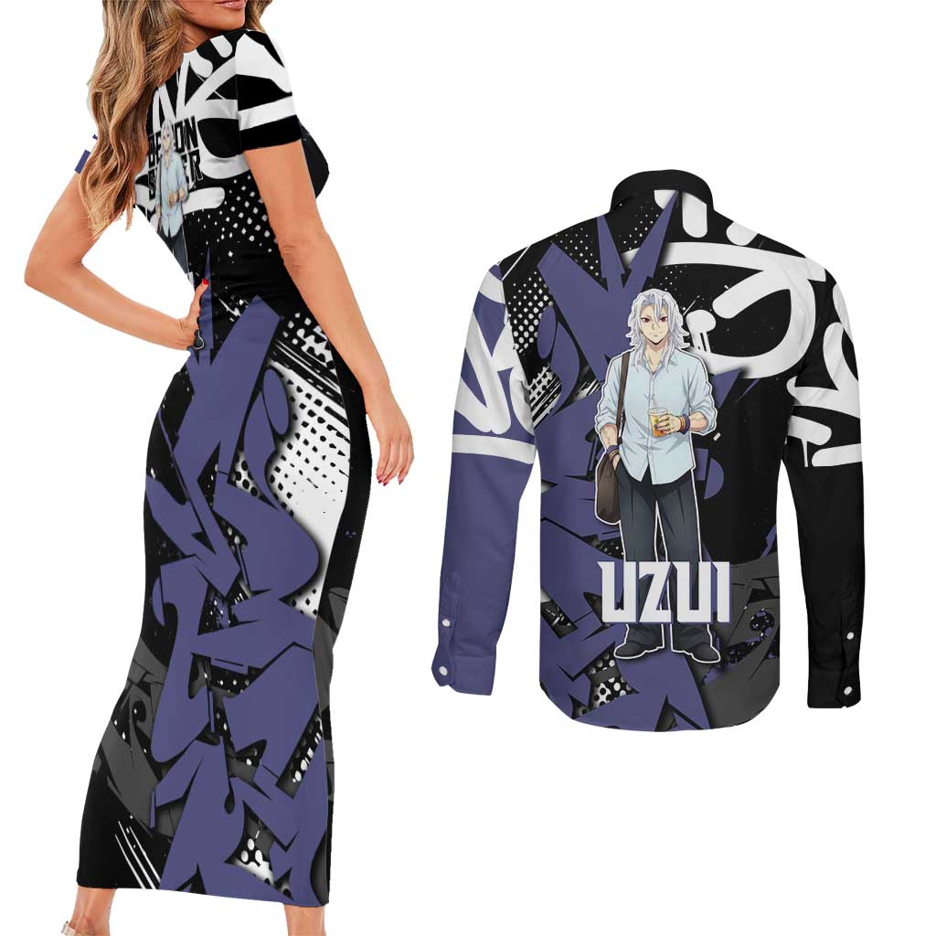Uzui Tengen Demon Slayer Couples Matching Short Sleeve Bodycon Dress and Long Sleeve Button Shirt Purple & Black Graffiti Anime
