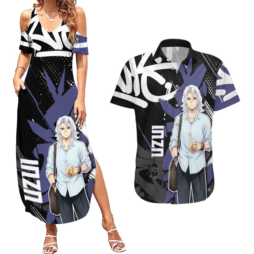 Uzui Tengen Demon Slayer Couples Matching Summer Maxi Dress and Hawaiian Shirt Purple & Black Graffiti Anime