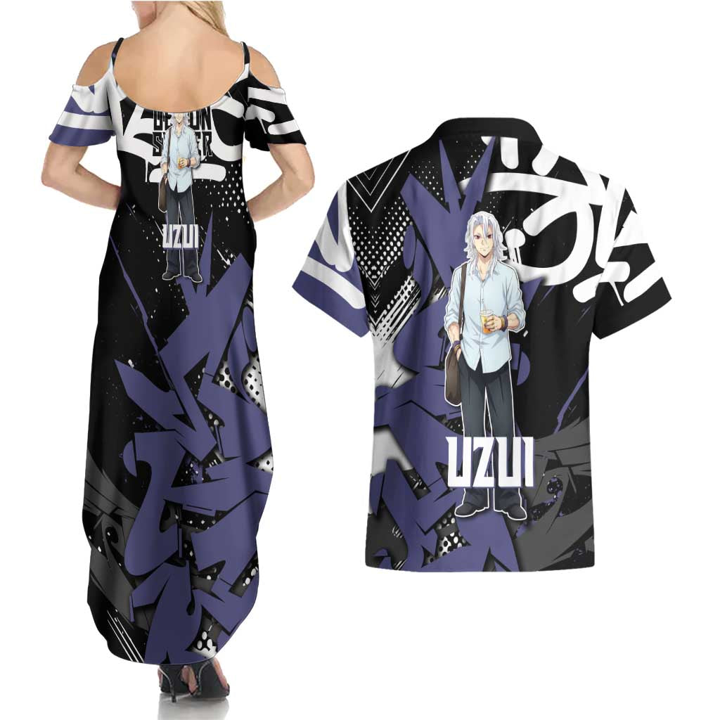 Uzui Tengen Demon Slayer Couples Matching Summer Maxi Dress and Hawaiian Shirt Purple & Black Graffiti Anime
