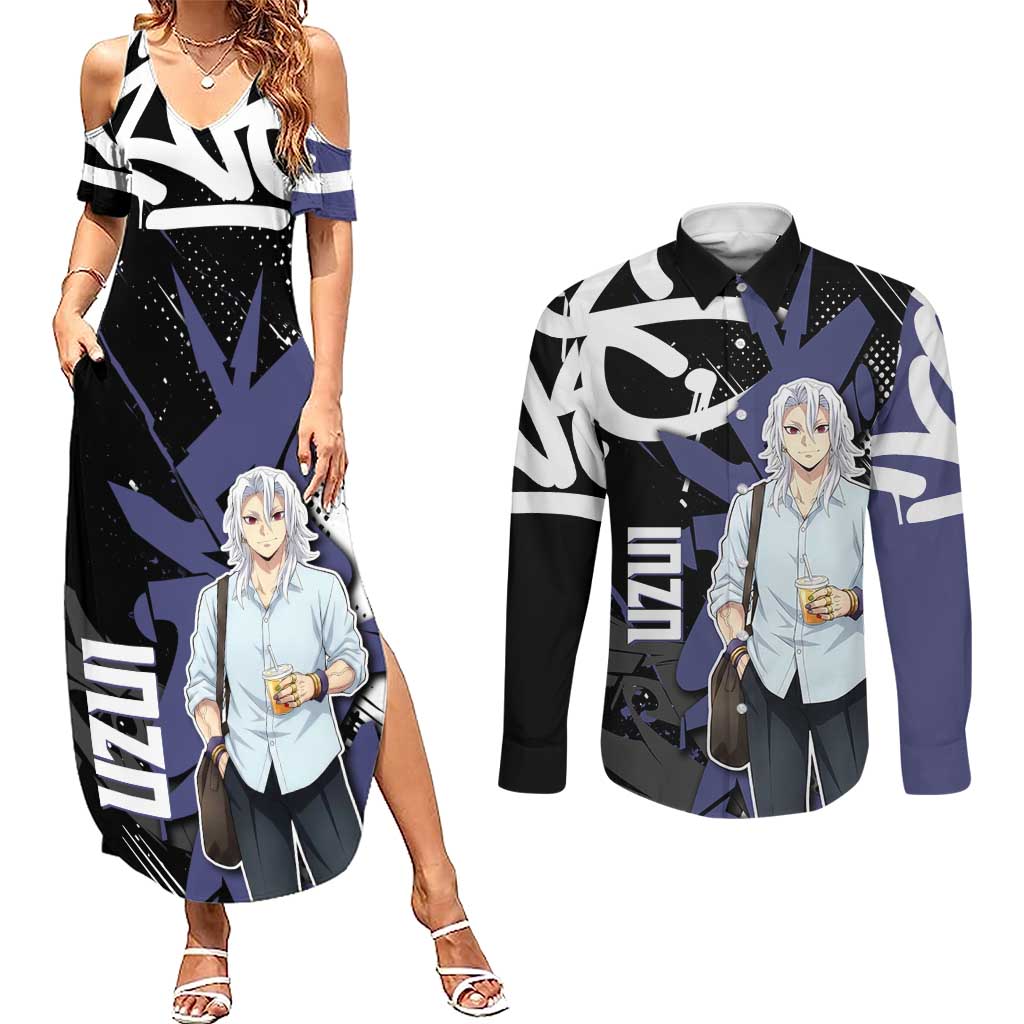 Uzui Tengen Demon Slayer Couples Matching Summer Maxi Dress and Long Sleeve Button Shirt Purple & Black Graffiti Anime