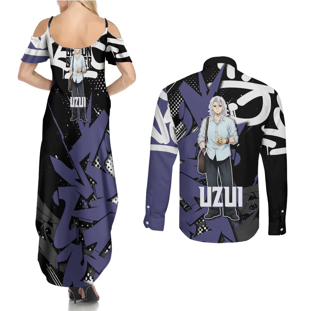Uzui Tengen Demon Slayer Couples Matching Summer Maxi Dress and Long Sleeve Button Shirt Purple & Black Graffiti Anime