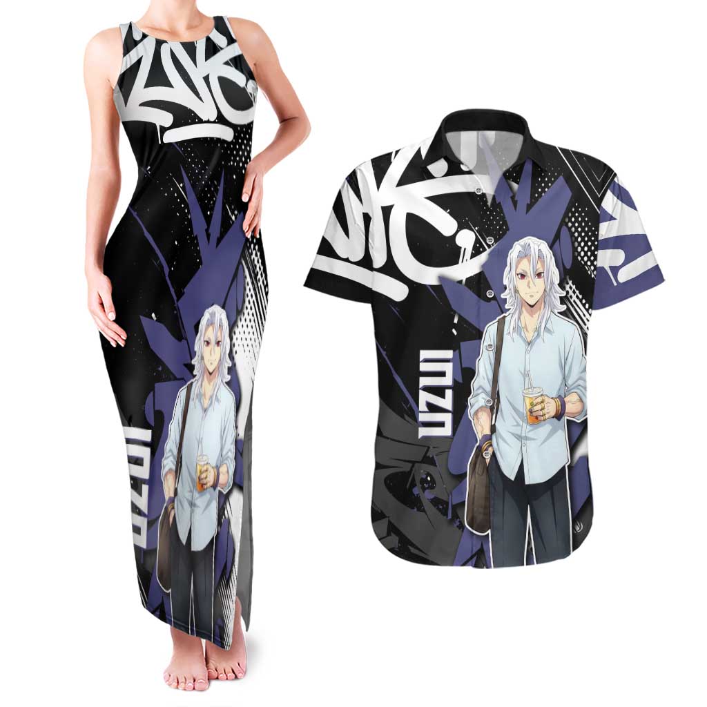 Uzui Tengen Demon Slayer Couples Matching Tank Maxi Dress and Hawaiian Shirt Purple & Black Graffiti Anime