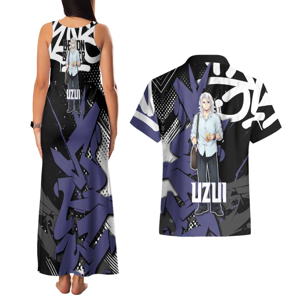 Uzui Tengen Demon Slayer Couples Matching Tank Maxi Dress and Hawaiian Shirt Purple & Black Graffiti Anime