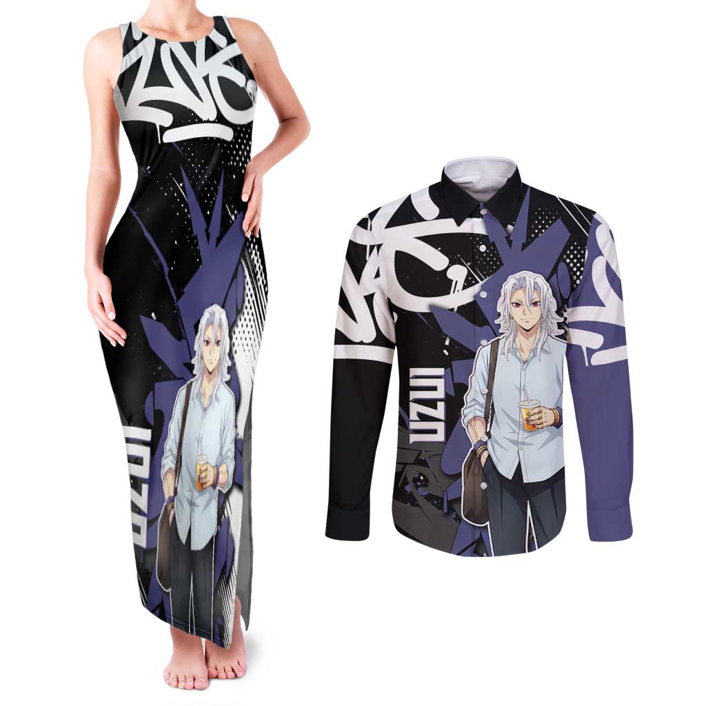 Uzui Tengen Demon Slayer Couples Matching Tank Maxi Dress and Long Sleeve Button Shirt Purple & Black Graffiti Anime