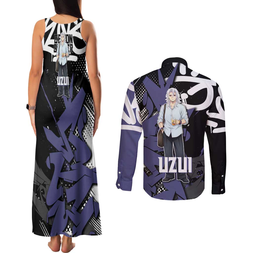 Uzui Tengen Demon Slayer Couples Matching Tank Maxi Dress and Long Sleeve Button Shirt Purple & Black Graffiti Anime
