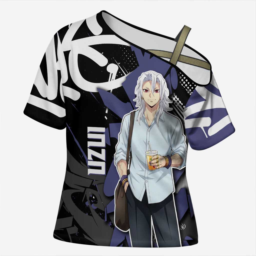 Uzui Tengen Demon Slayer Cross Shoulder Shirt Purple & Black Graffiti Anime