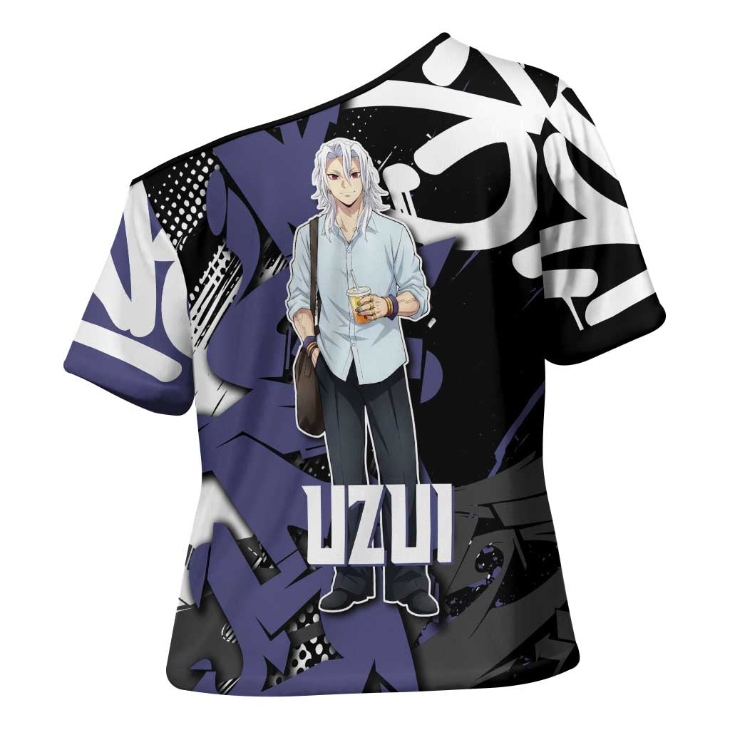Uzui Tengen Demon Slayer Cross Shoulder Shirt Purple & Black Graffiti Anime