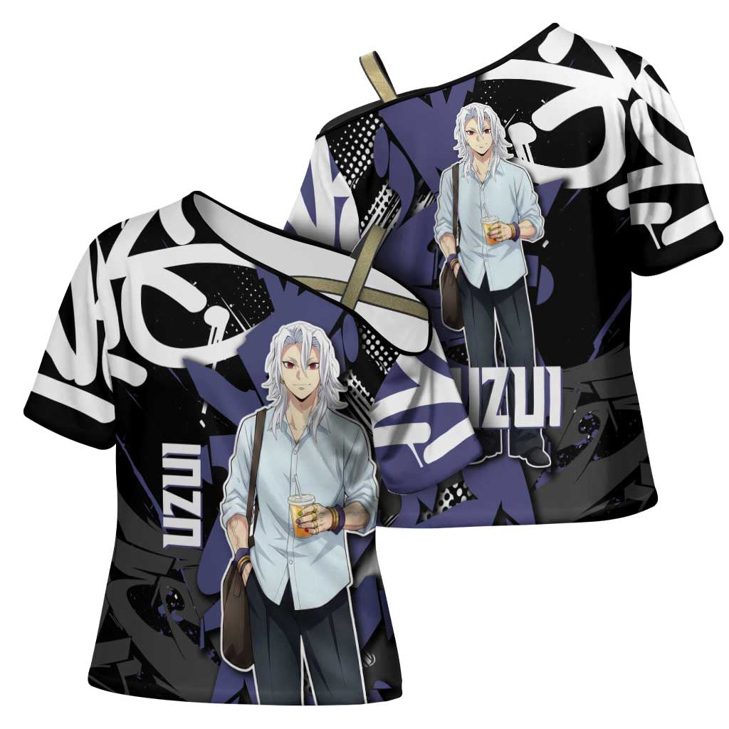 Uzui Tengen Demon Slayer Cross Shoulder Shirt Purple & Black Graffiti Anime