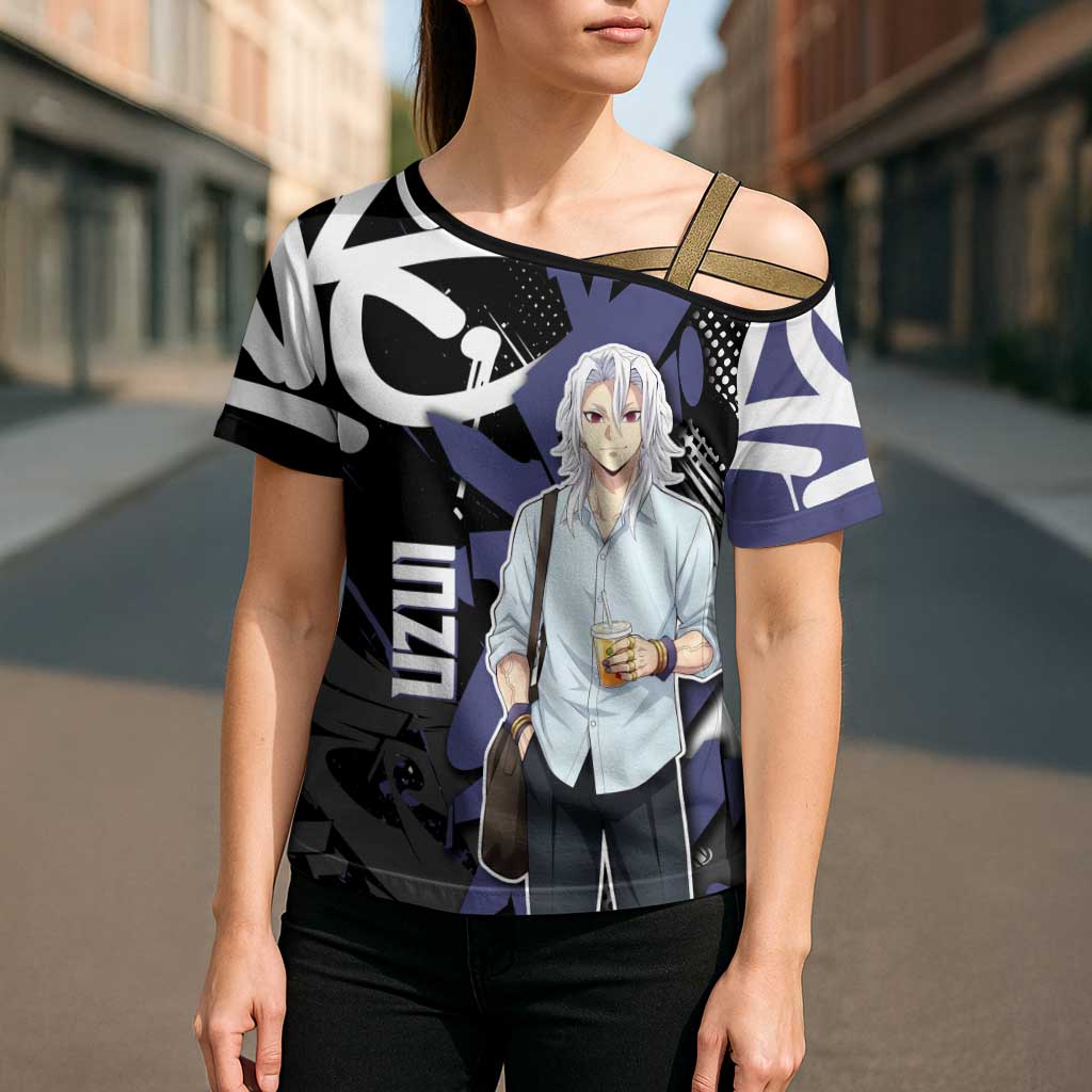 Uzui Tengen Demon Slayer Cross Shoulder Shirt Purple & Black Graffiti Anime