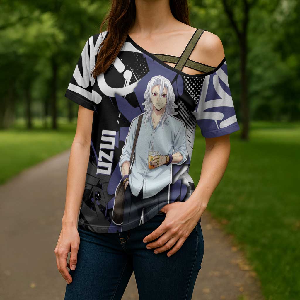 Uzui Tengen Demon Slayer Cross Shoulder Shirt Purple & Black Graffiti Anime