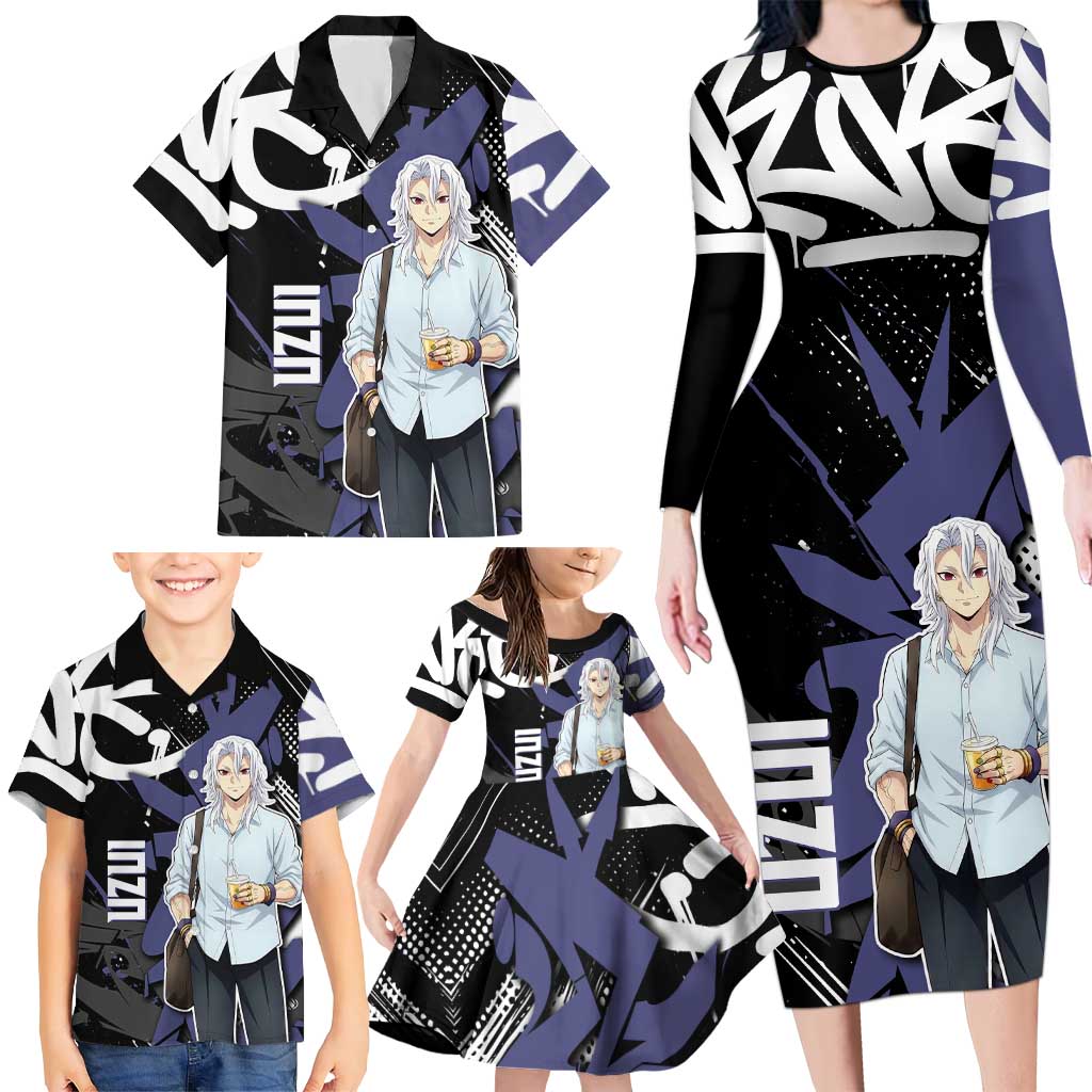 Uzui Tengen Demon Slayer Family Matching Long Sleeve Bodycon Dress and Hawaiian Shirt Purple & Black Graffiti Anime