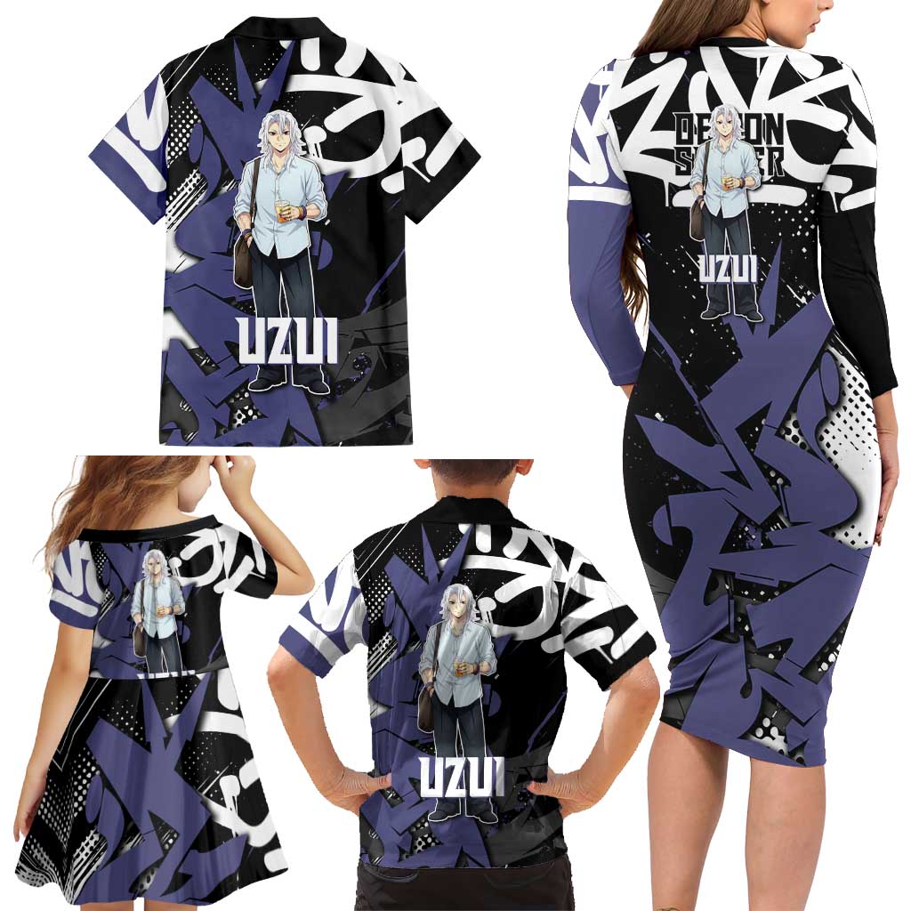 Uzui Tengen Demon Slayer Family Matching Long Sleeve Bodycon Dress and Hawaiian Shirt Purple & Black Graffiti Anime