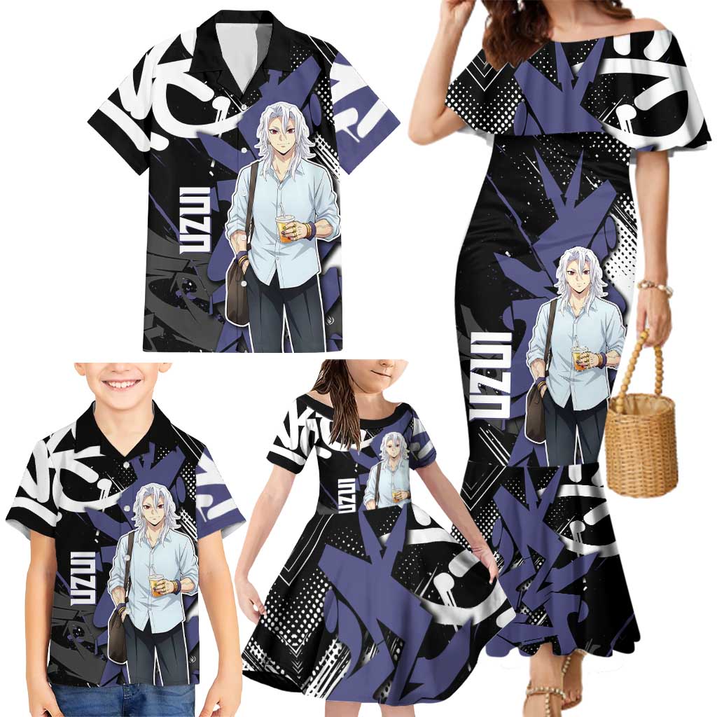 Uzui Tengen Demon Slayer Family Matching Mermaid Dress and Hawaiian Shirt Purple & Black Graffiti Anime