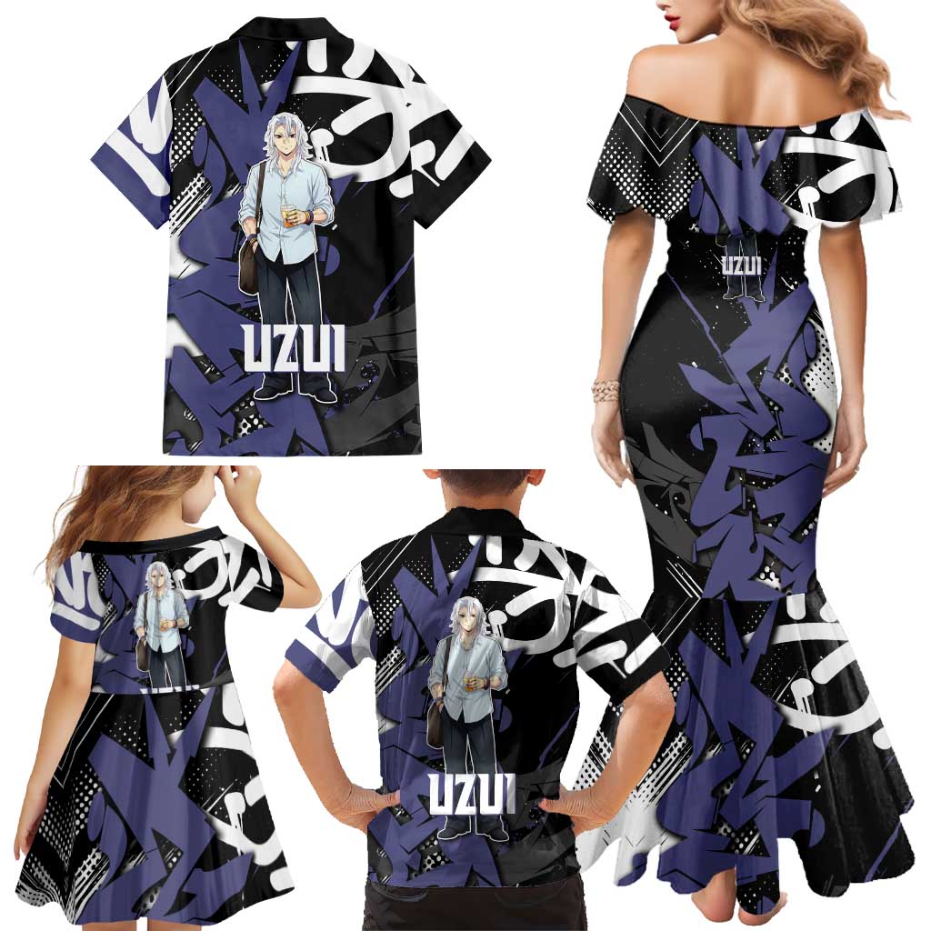 Uzui Tengen Demon Slayer Family Matching Mermaid Dress and Hawaiian Shirt Purple & Black Graffiti Anime