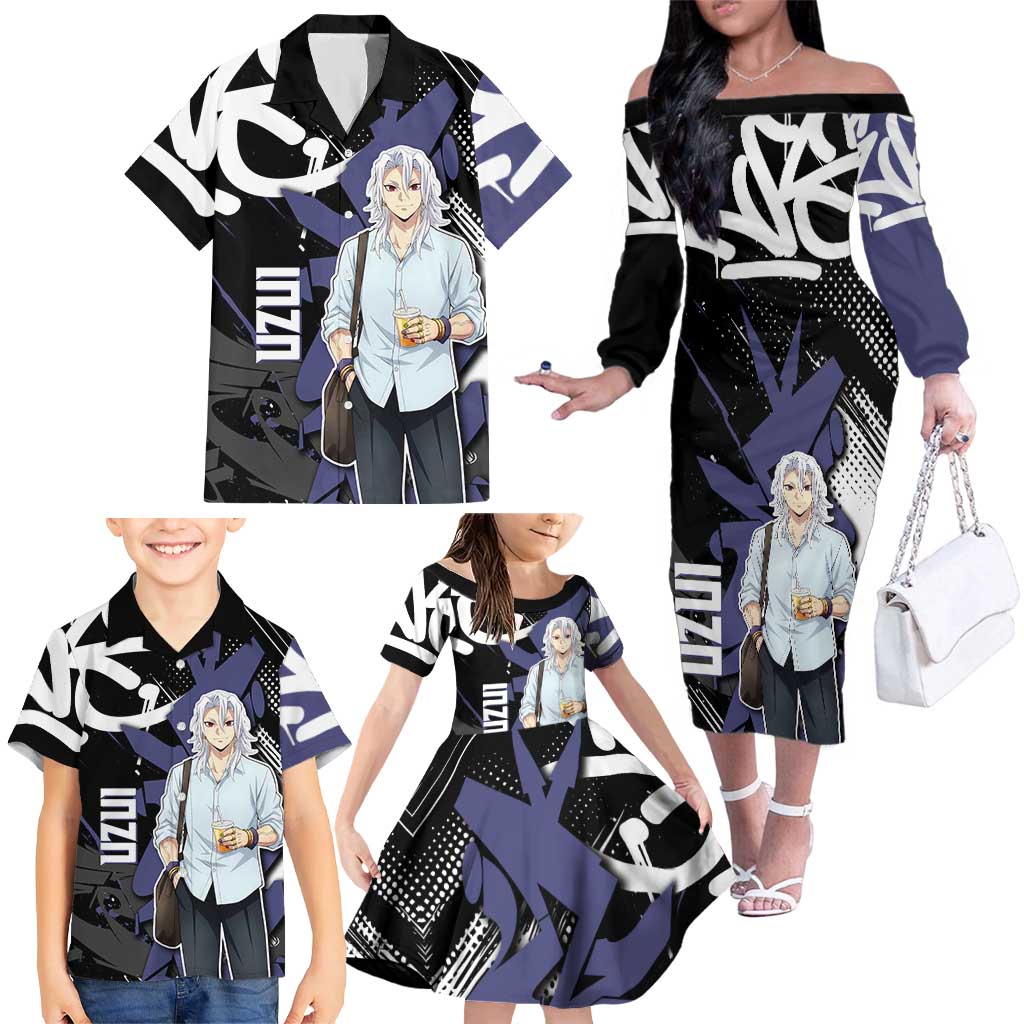 Uzui Tengen Demon Slayer Family Matching Off The Shoulder Long Sleeve Dress and Hawaiian Shirt Purple & Black Graffiti Anime