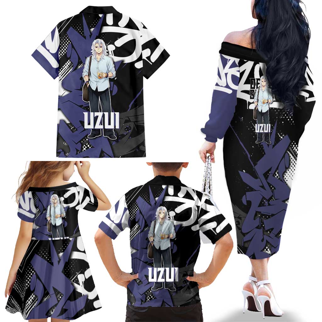 Uzui Tengen Demon Slayer Family Matching Off The Shoulder Long Sleeve Dress and Hawaiian Shirt Purple & Black Graffiti Anime