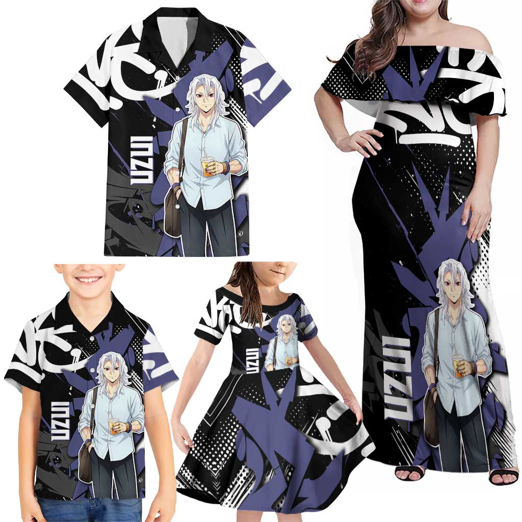 Uzui Tengen Demon Slayer Family Matching Off Shoulder Maxi Dress and Hawaiian Shirt Purple & Black Graffiti Anime
