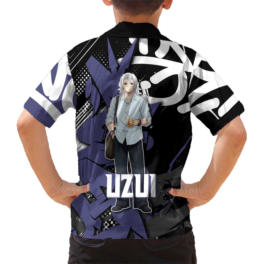 Uzui Tengen Demon Slayer Family Matching Off Shoulder Maxi Dress and Hawaiian Shirt Purple & Black Graffiti Anime