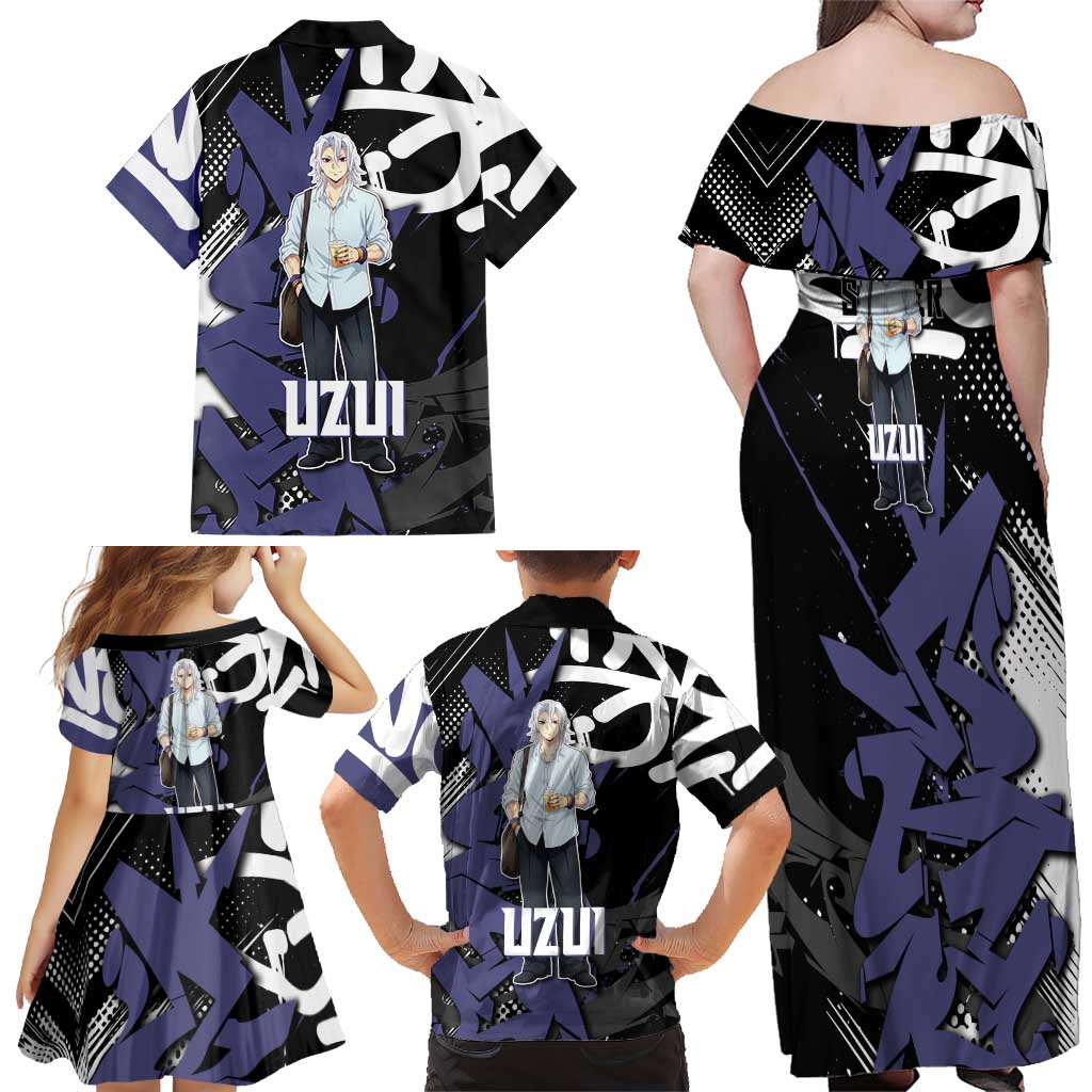 Uzui Tengen Demon Slayer Family Matching Off Shoulder Maxi Dress and Hawaiian Shirt Purple & Black Graffiti Anime