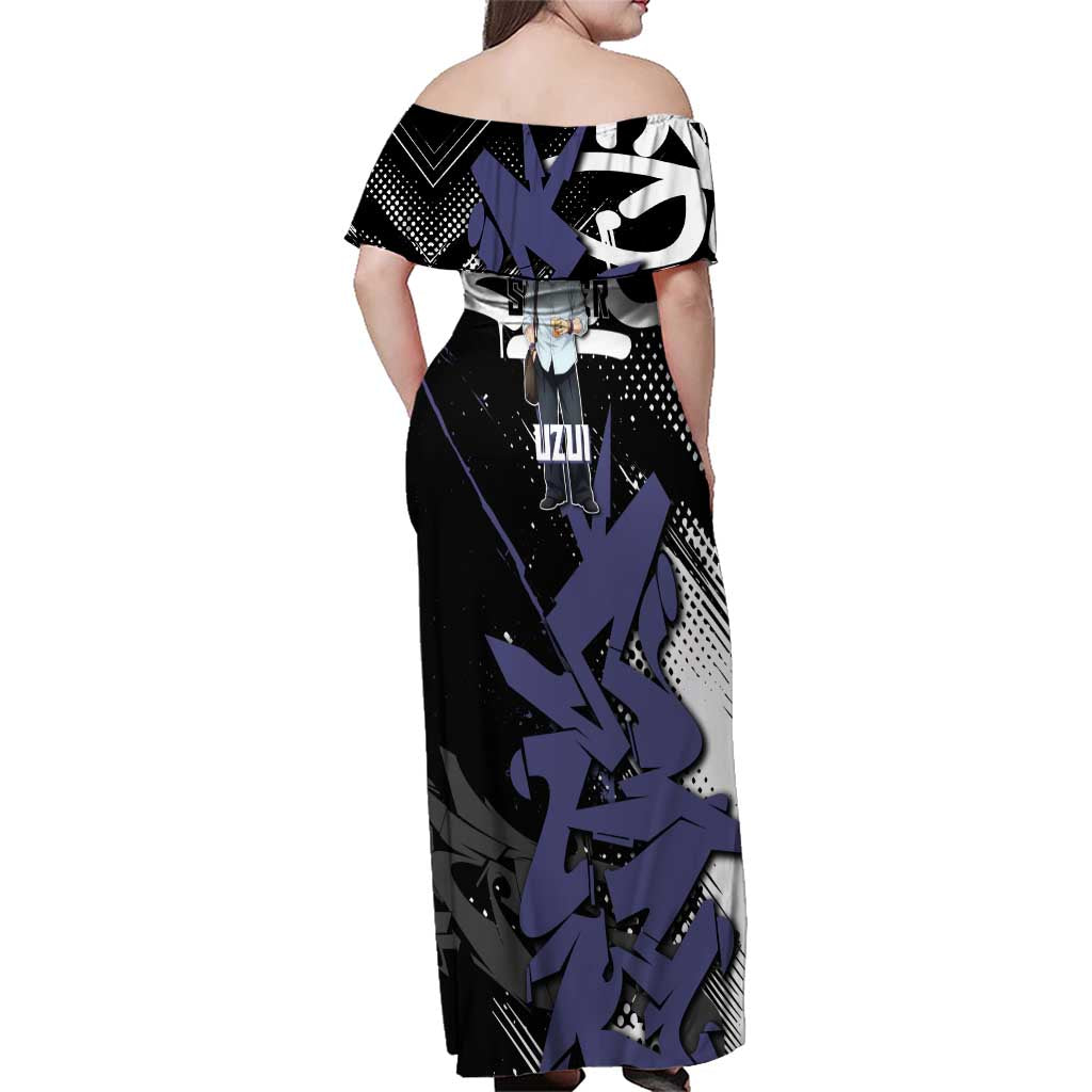 Uzui Tengen Demon Slayer Family Matching Off Shoulder Maxi Dress and Hawaiian Shirt Purple & Black Graffiti Anime