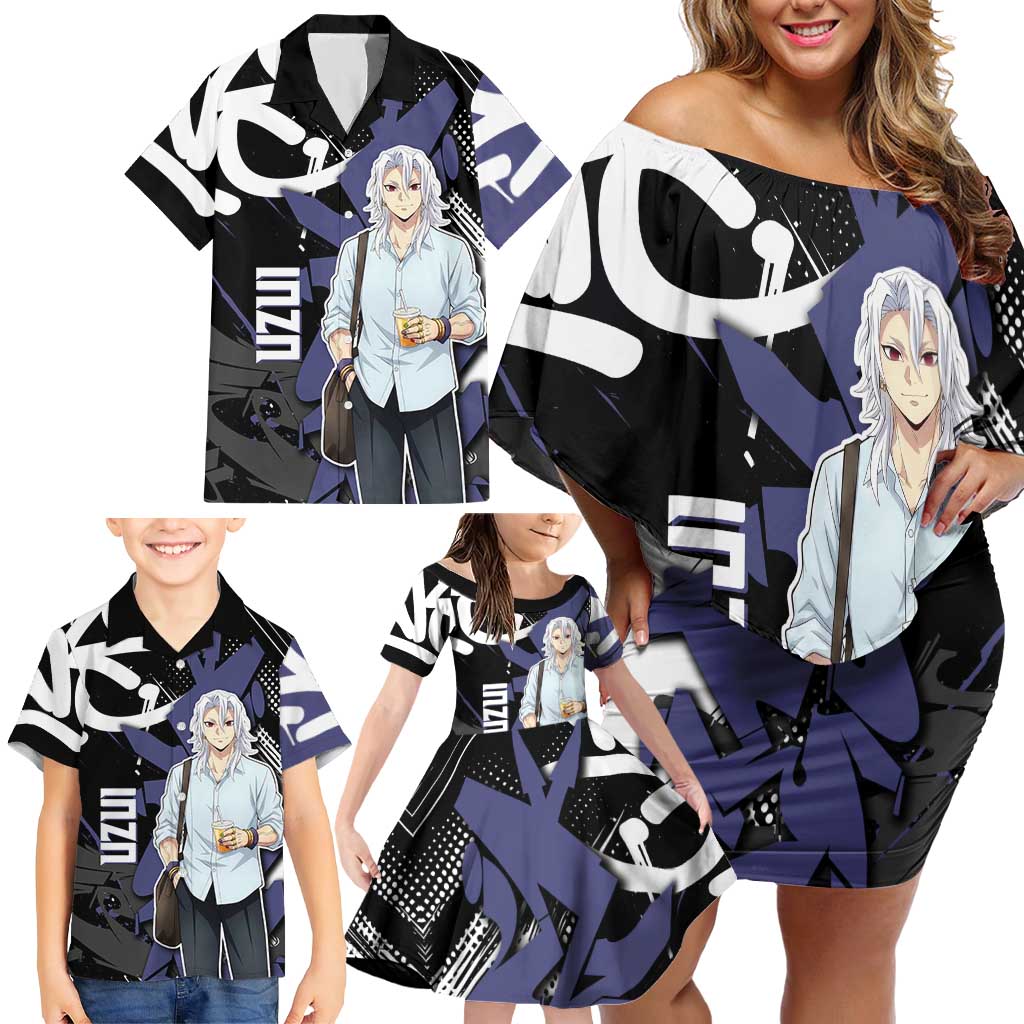 Uzui Tengen Demon Slayer Family Matching Off Shoulder Short Dress and Hawaiian Shirt Purple & Black Graffiti Anime