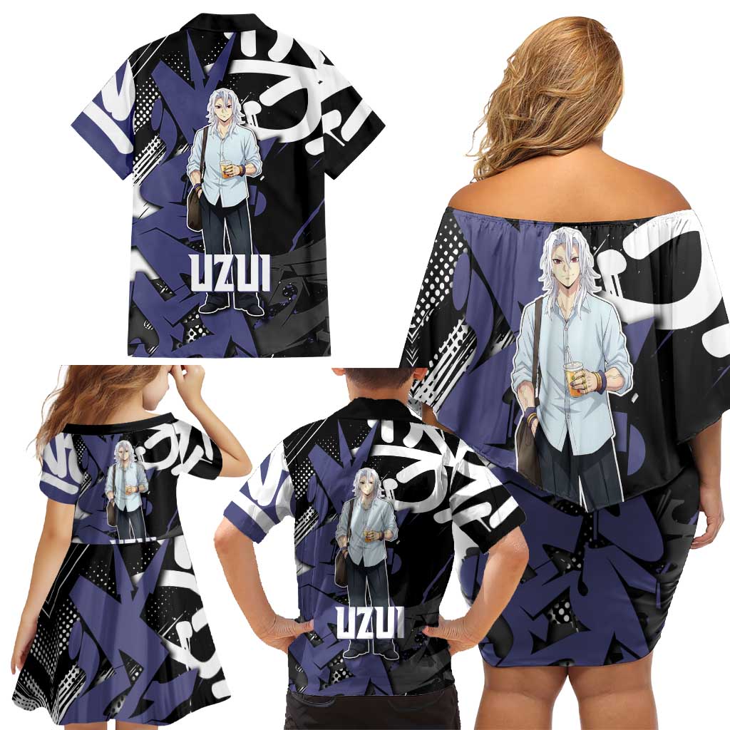 Uzui Tengen Demon Slayer Family Matching Off Shoulder Short Dress and Hawaiian Shirt Purple & Black Graffiti Anime