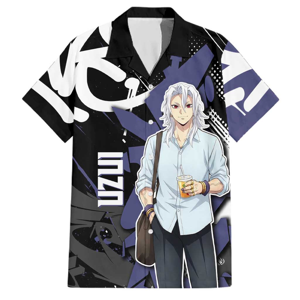 Uzui Tengen Demon Slayer Family Matching Off Shoulder Short Dress and Hawaiian Shirt Purple & Black Graffiti Anime
