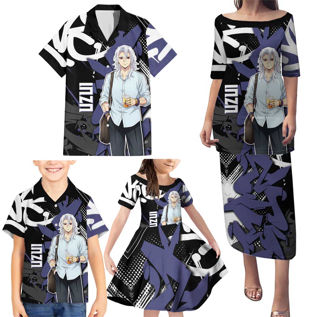 Uzui Tengen Demon Slayer Family Matching Puletasi and Hawaiian Shirt Purple & Black Graffiti Anime