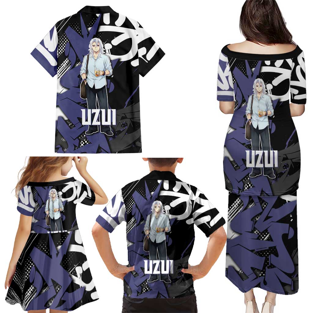 Uzui Tengen Demon Slayer Family Matching Puletasi and Hawaiian Shirt Purple & Black Graffiti Anime