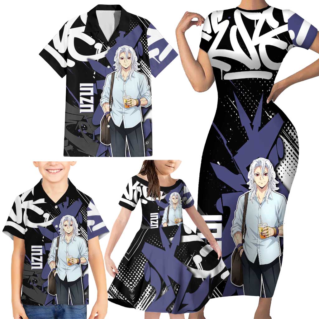 Uzui Tengen Demon Slayer Family Matching Short Sleeve Bodycon Dress and Hawaiian Shirt Purple & Black Graffiti Anime