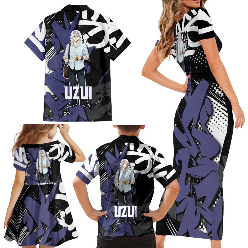 Uzui Tengen Demon Slayer Family Matching Short Sleeve Bodycon Dress and Hawaiian Shirt Purple & Black Graffiti Anime