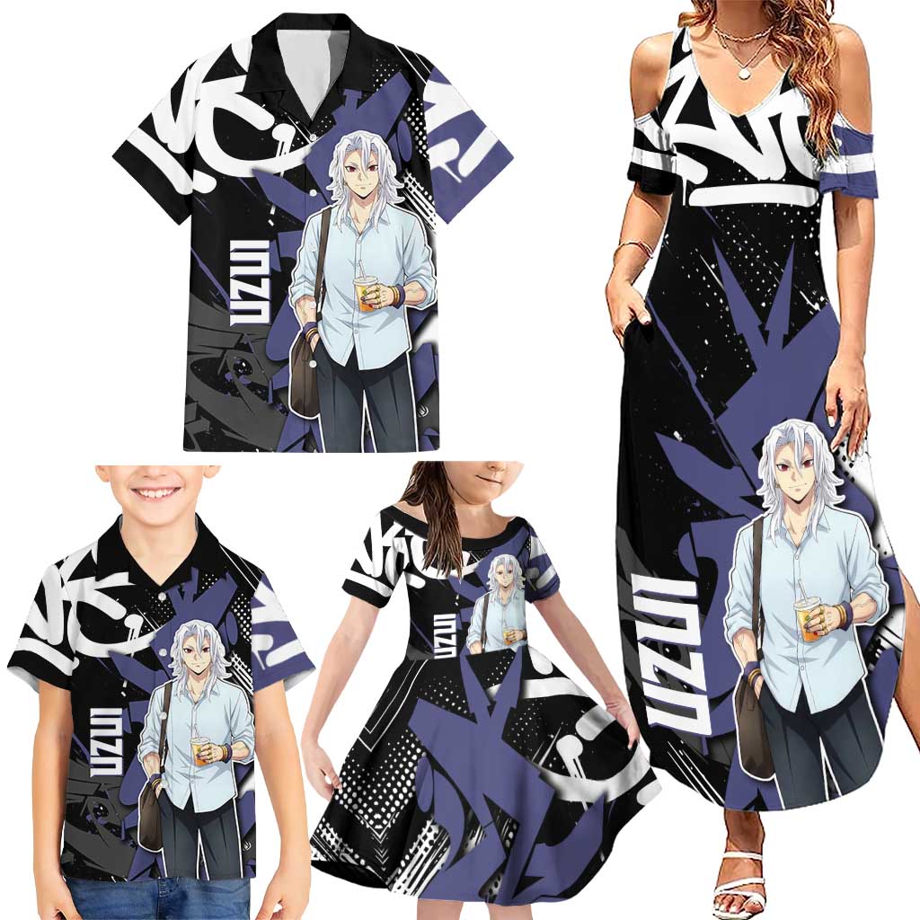 Uzui Tengen Demon Slayer Family Matching Summer Maxi Dress and Hawaiian Shirt Purple & Black Graffiti Anime