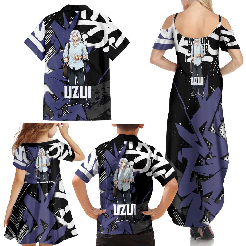 Uzui Tengen Demon Slayer Family Matching Summer Maxi Dress and Hawaiian Shirt Purple & Black Graffiti Anime