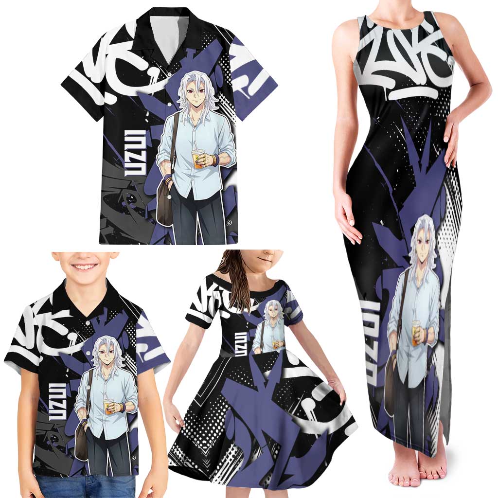 Uzui Tengen Demon Slayer Family Matching Tank Maxi Dress and Hawaiian Shirt Purple & Black Graffiti Anime