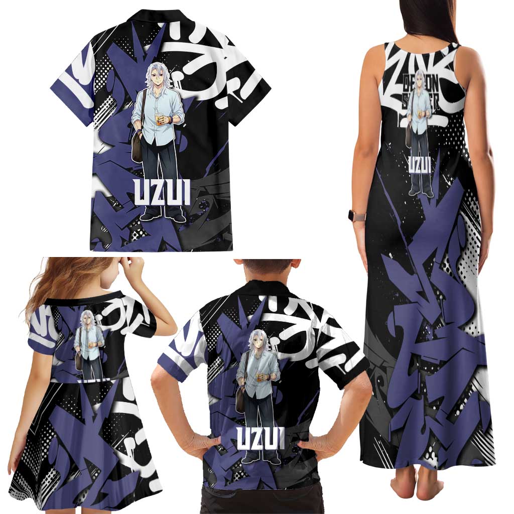 Uzui Tengen Demon Slayer Family Matching Tank Maxi Dress and Hawaiian Shirt Purple & Black Graffiti Anime