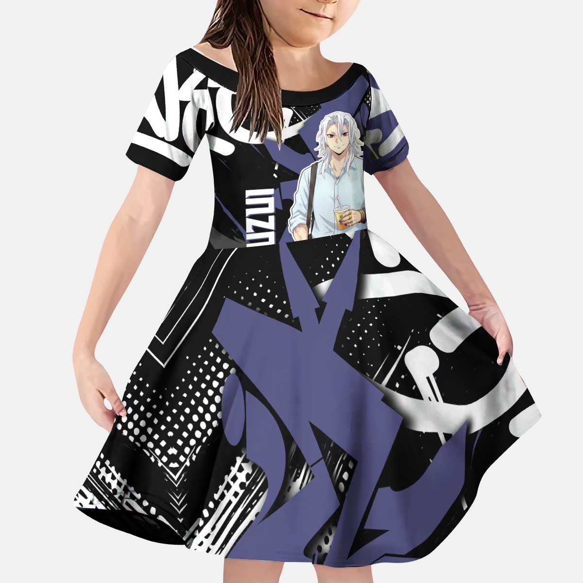 Uzui Tengen Demon Slayer Kid Short Sleeve Dress Purple & Black Graffiti Anime