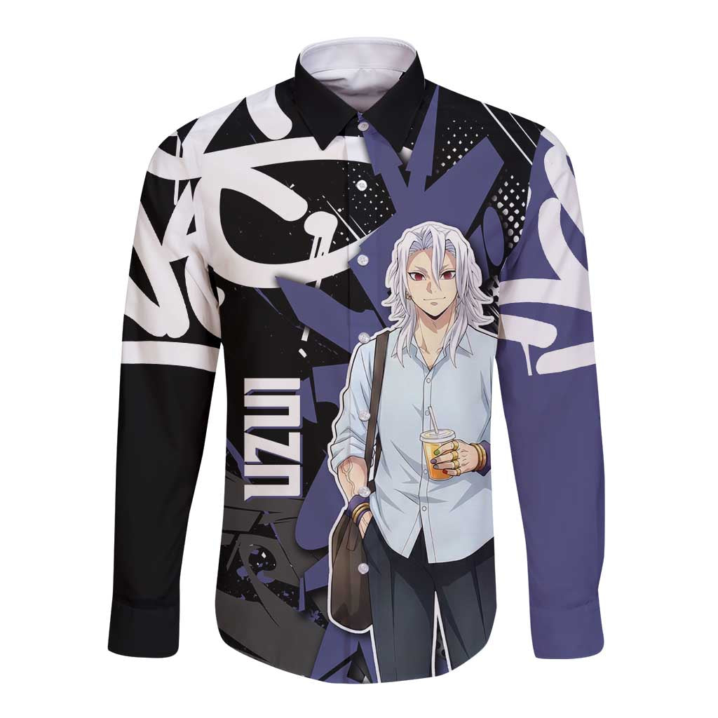 Uzui Tengen Demon Slayer Long Sleeve Button Shirt Purple & Black Graffiti Anime