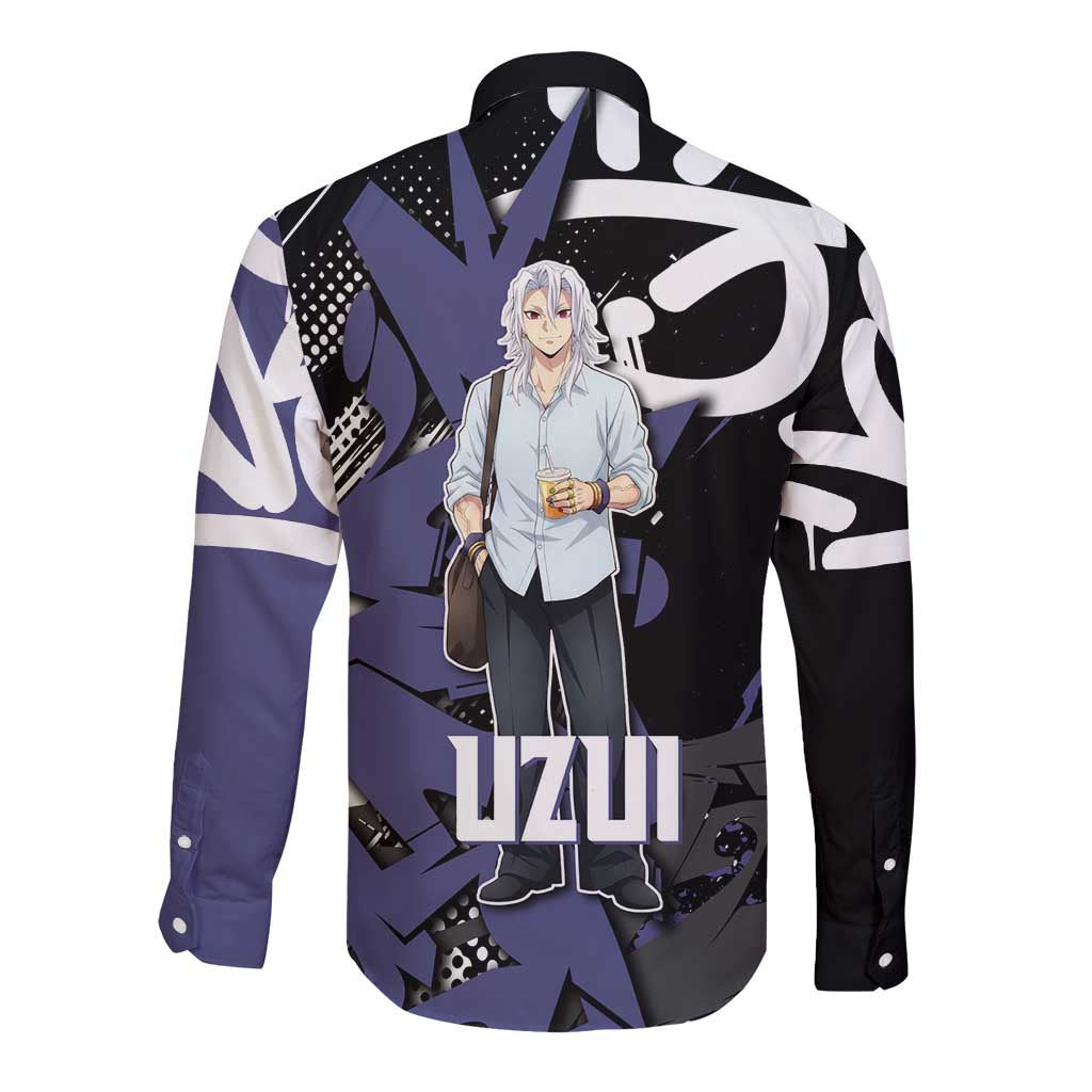 Uzui Tengen Demon Slayer Long Sleeve Button Shirt Purple & Black Graffiti Anime