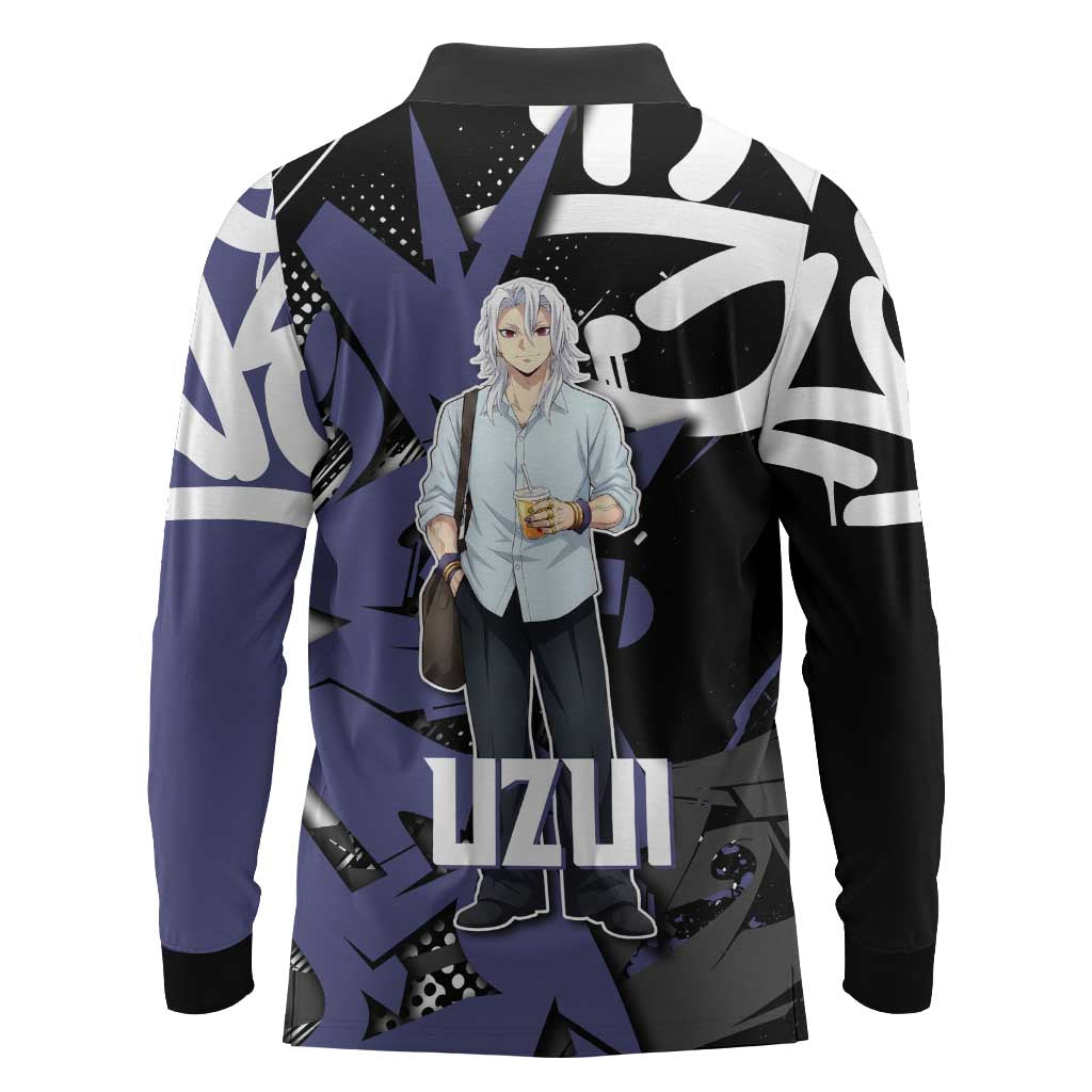 Uzui Tengen Demon Slayer Long Sleeve Polo Shirt Purple & Black Graffiti Anime